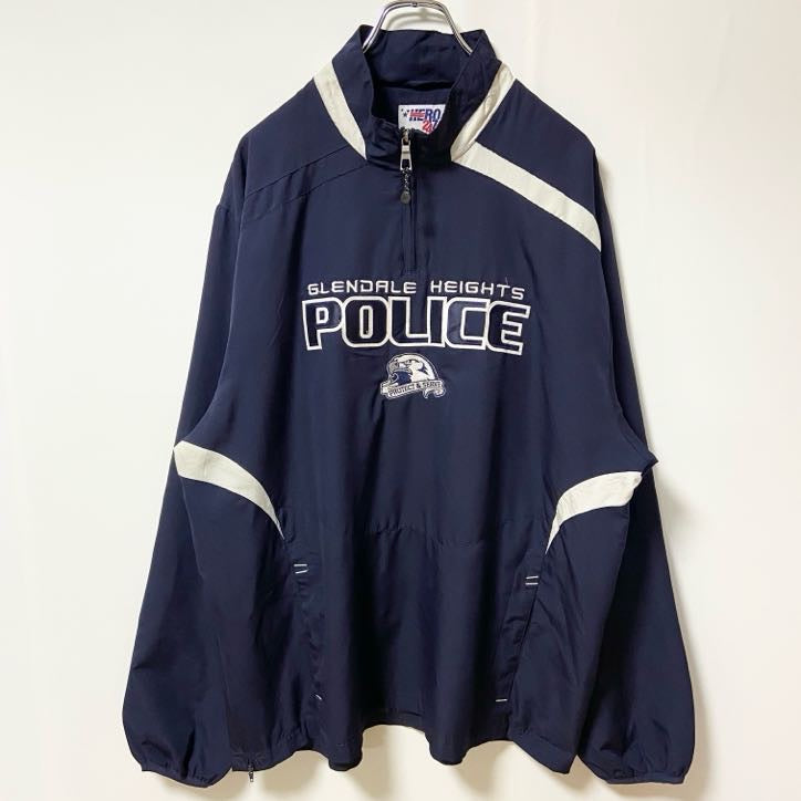 古着 used　HERO24.7com　長袖ハーフジップナイロンジャケット　ワッペン刺繍　POLICE　ネイビー　紺　Lサイズ