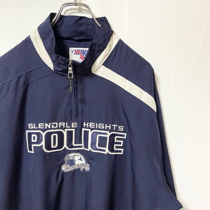 古着 used　HERO24.7com　長袖ハーフジップナイロンジャケット　ワッペン刺繍　POLICE　ネイビー　紺　Lサイズ