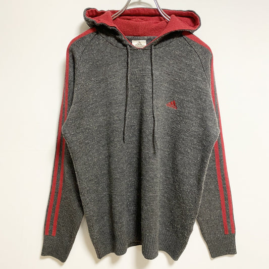 古着 used　adidas　アディダス　長袖ニットパーカー　セーター　ワンポイントロゴ刺　グレー　Mサイズ