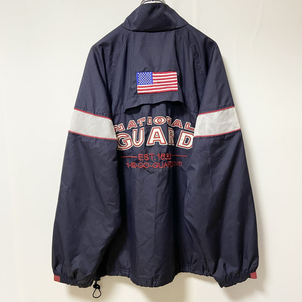 古着 used　NATIONAL GUARD　長袖ハイネックナイロンジャケット　ワンポイント刺繍　アメリカ　ネイビー　Lサイズ