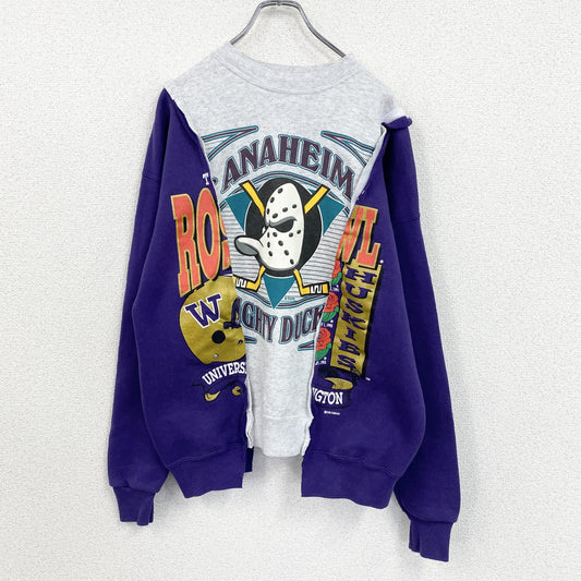 90s　Hanes　ヘインズ　NHL　ANAHIEIM　スウェット/トレーナー　リメイク　霜降りグレー　パープル　Mサイズ