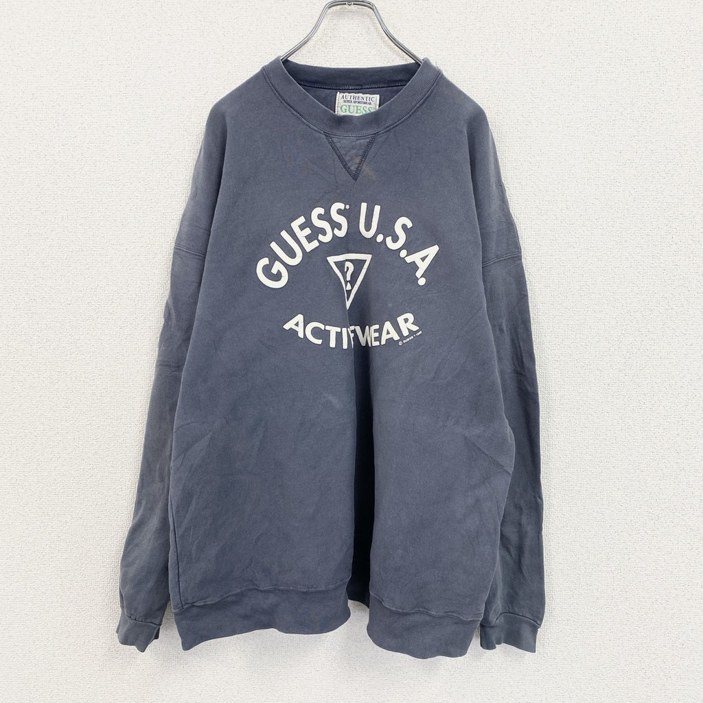 ～90s　GUESS　ゲス　スウェット/トレーナー　前V　アーチプリント　フェード　紺　ネイビー　2XLサイズ