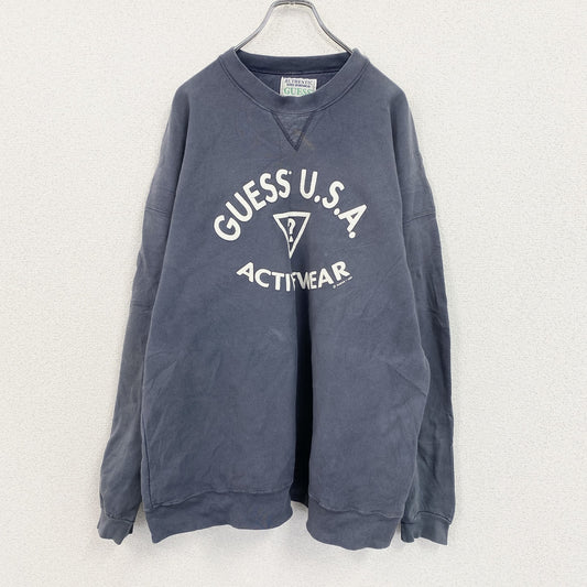 ～90s　GUESS　ゲス　スウェット/トレーナー　前V　アーチプリント　フェード　紺　ネイビー　2XLサイズ