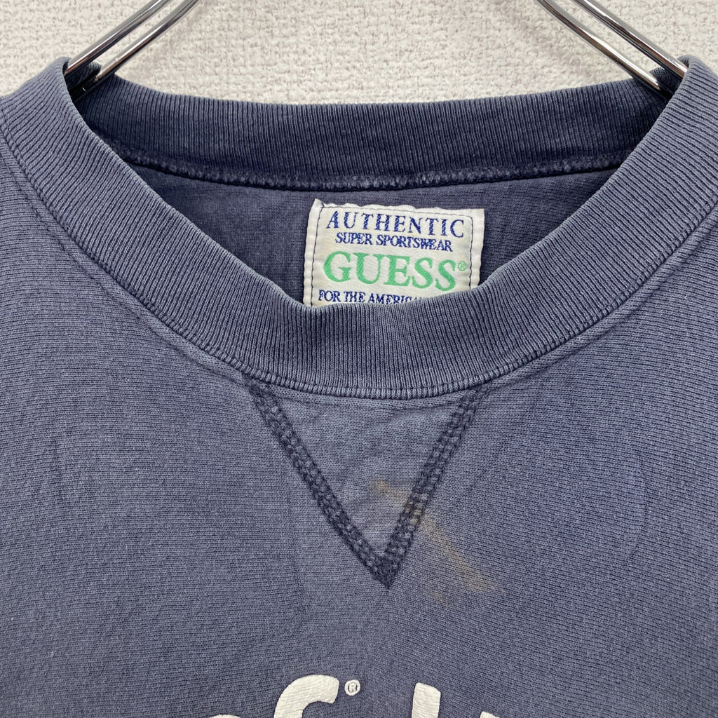 ～90s　GUESS　ゲス　スウェット/トレーナー　前V　アーチプリント　フェード　紺　ネイビー　2XLサイズ