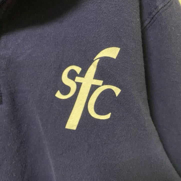 古着 used　Sport-Tek　長袖ハーフジップスウェット　トレーナー　sfc　ワンポイント　ハイネック　ネイビー　Sサイズ