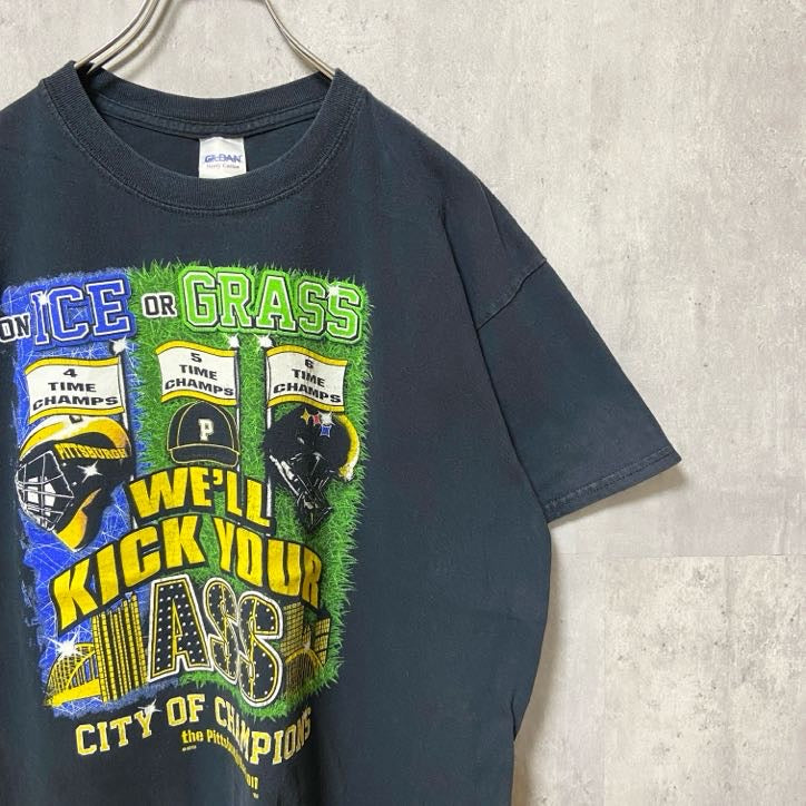 古着 used　GILDAN　ギルダン　半袖プリントTシャツ　黒　ブラック　シティオブチャンピオン　アメフト　レトロ　Lサイズ