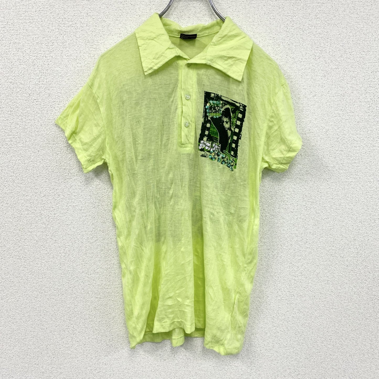 The collection Junk 98　半袖プリントシャツ　半袖ポロシャツ　バンド　y2k　黄緑　イエロー　グリーン　Lサイズ