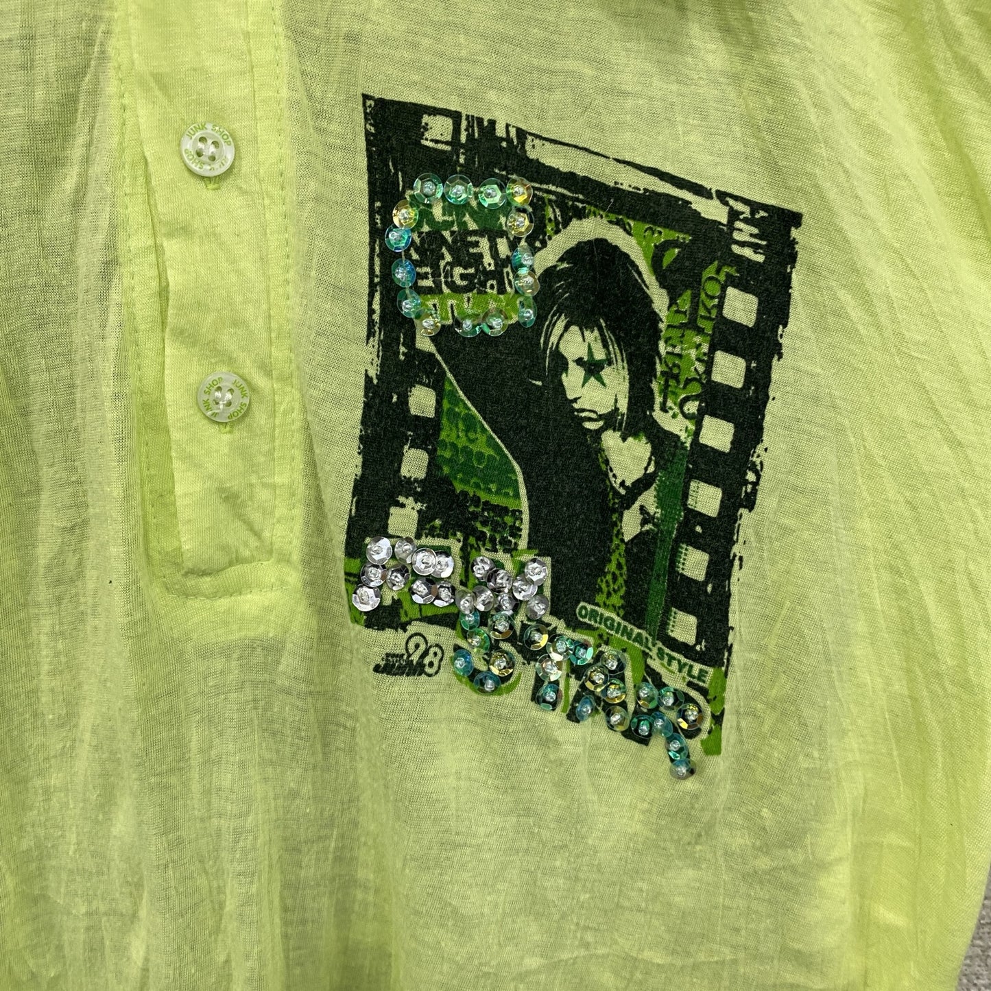 The collection Junk 98　半袖プリントシャツ　半袖ポロシャツ　バンド　y2k　黄緑　イエロー　グリーン　Lサイズ