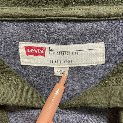 古着 used　LEVIS　リーバイス　長袖プリントパーカー　スウェットフーディー　ラグラン袖　バイカラー　緑　グレー　XLサイズ