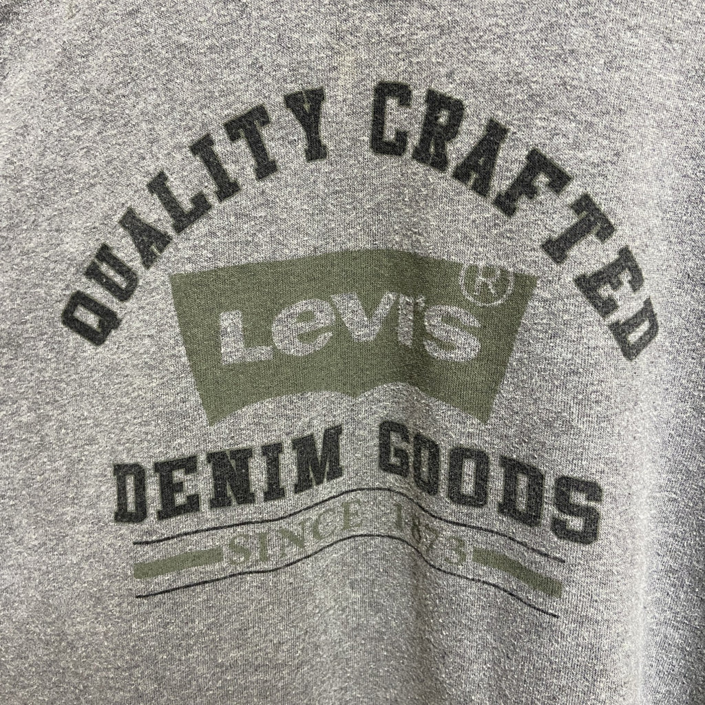 古着 used　LEVIS　リーバイス　長袖プリントパーカー　スウェットフーディー　ラグラン袖　バイカラー　緑　グレー　XLサイズ