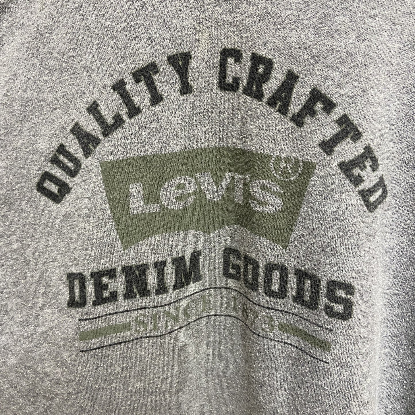 古着 used　LEVIS　リーバイス　長袖プリントパーカー　スウェットフーディー　ラグラン袖　バイカラー　緑　グレー　XLサイズ