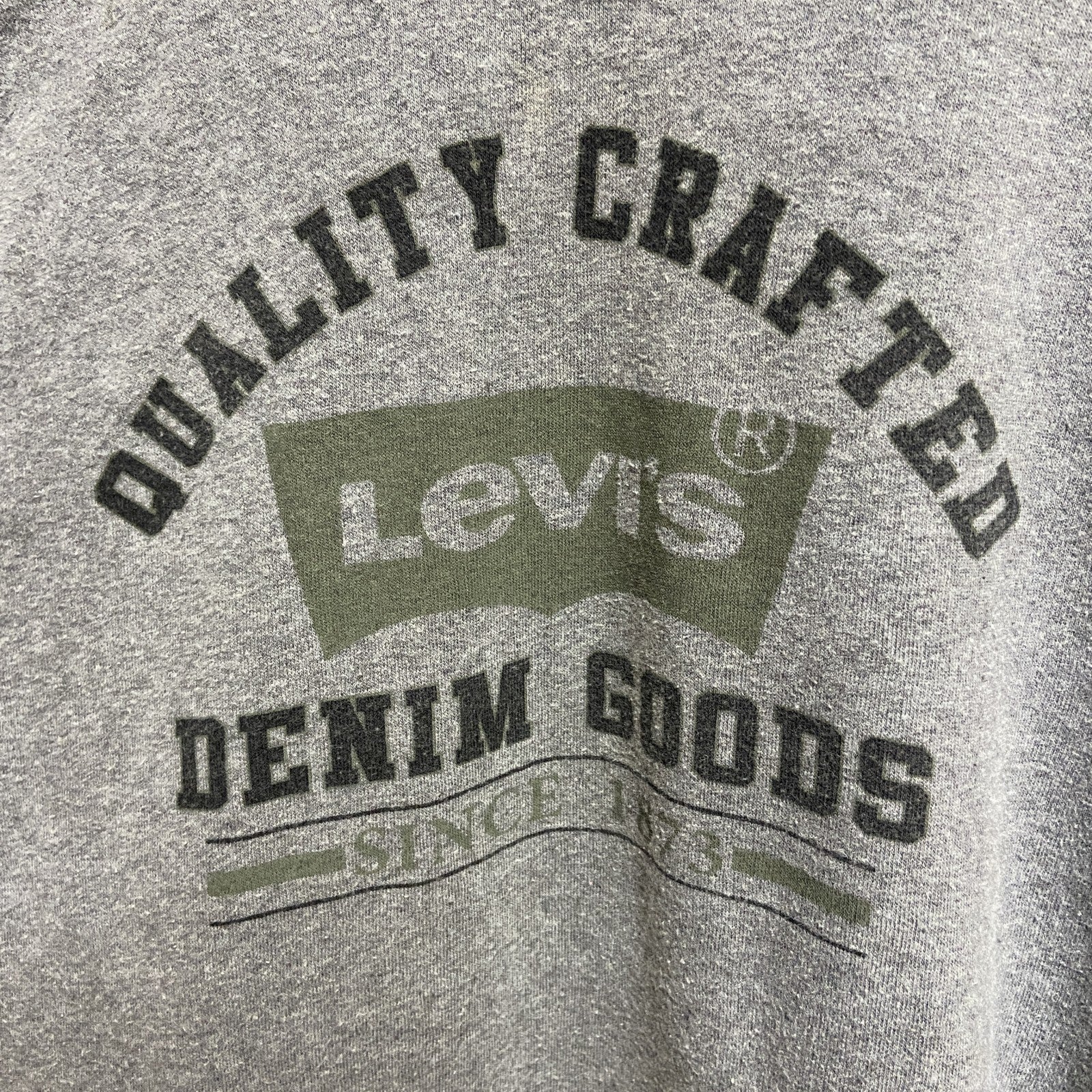 古着 used　LEVIS　リーバイス　長袖プリントパーカー　スウェットフーディー　ラグラン袖　バイカラー　緑　グレー　XLサイズ