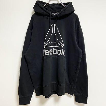 古着 used　Reebok　リーボック　長袖フロントプリントパーカー　スウェットフーディー　黒　ブラック　秋冬服　Lサイズ