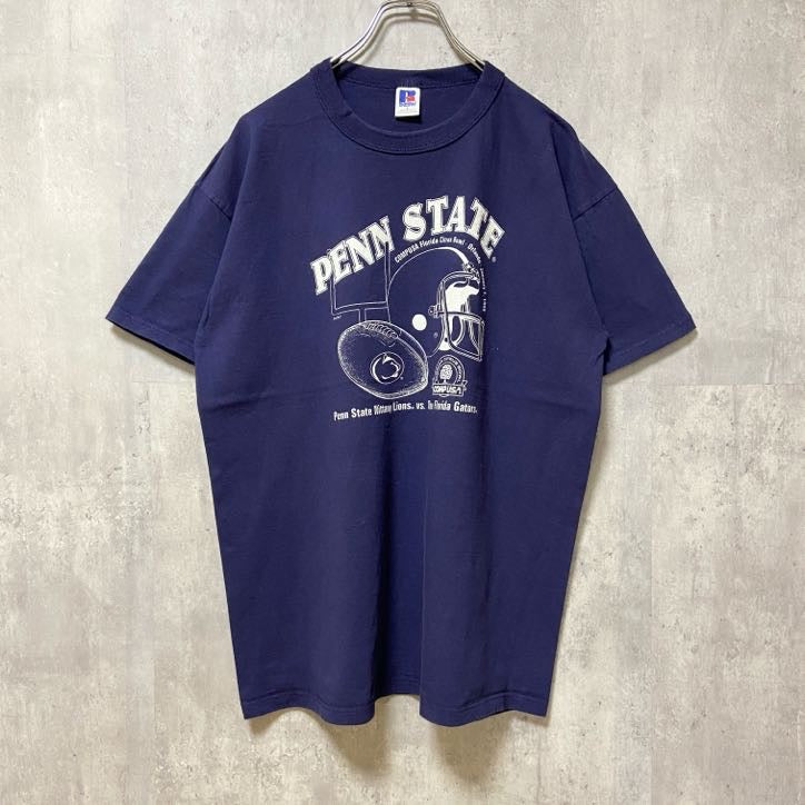 古着 used　90s　USA製　RUSSELL ラッセル　半袖カレッジプリントTシャツ　ネイビー　ヴィンテージ　Lサイズ
