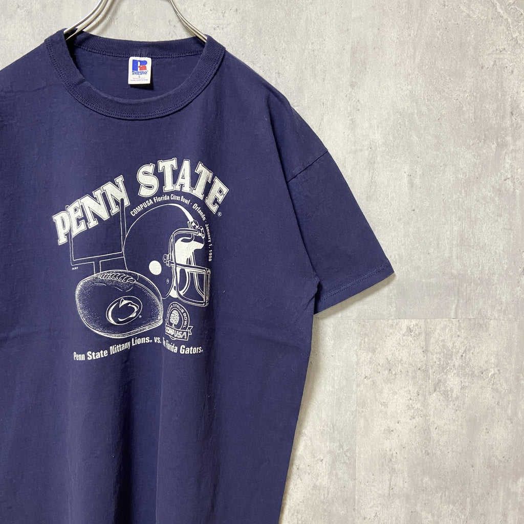 古着 used　90s　USA製　RUSSELL ラッセル　半袖カレッジプリントTシャツ　ネイビー　ヴィンテージ　Lサイズ