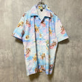 古着 used　半袖総柄デザインシャツ　アロハ　個性的　天使　開襟　水色　レトロ　メンズ　レディース　Lサイズ