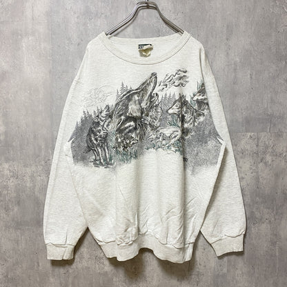 古着 used　90s　NORTHERN ELEMENTS　長袖アニマル柄プリントスウェット　霜降りカラー　動物　狼　レトロ