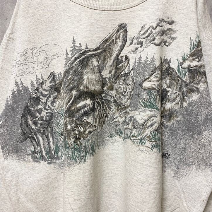 古着 used　90s　NORTHERN ELEMENTS　長袖アニマル柄プリントスウェット　霜降りカラー　動物　狼　レトロ