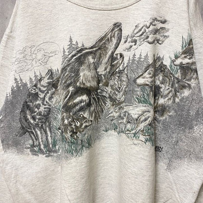 古着 used　90s　NORTHERN ELEMENTS　長袖アニマル柄プリントスウェット　霜降りカラー　動物　狼　レトロ