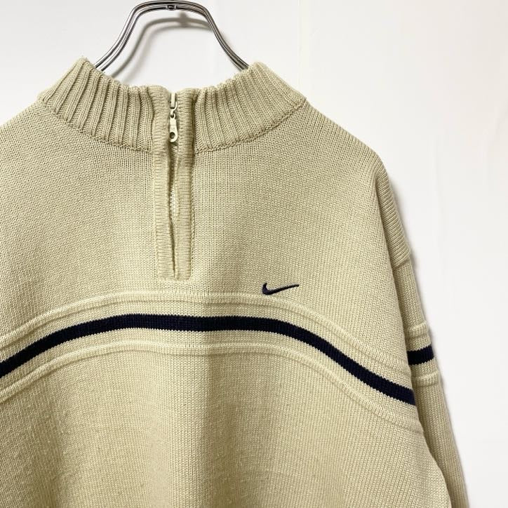 古着 used　NIKE　ナイキ　長袖ハーフジップニット　セーター　ワンポイントロゴ刺繍　ライン　ハイネック　Lサイズ