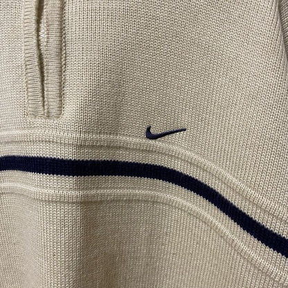 古着 used　NIKE　ナイキ　長袖ハーフジップニット　セーター　ワンポイントロゴ刺繍　ライン　ハイネック　Lサイズ
