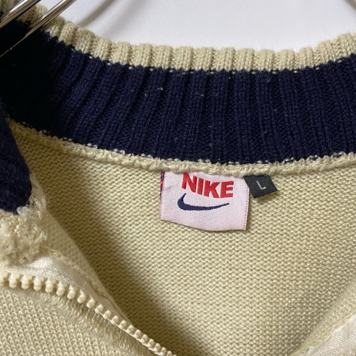 古着 used　NIKE　ナイキ　長袖ハーフジップニット　セーター　ワンポイントロゴ刺繍　ライン　ハイネック　Lサイズ