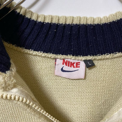 古着 used　NIKE　ナイキ　長袖ハーフジップニット　セーター　ワンポイントロゴ刺繍　ライン　ハイネック　Lサイズ