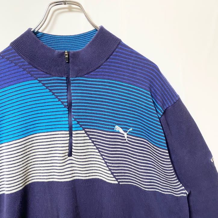 古着 used　puma プーマ　長袖ハーフジップニット　セーター　ワンポイントロゴ刺繍　ボーダー　ハイネック　Lサイズ