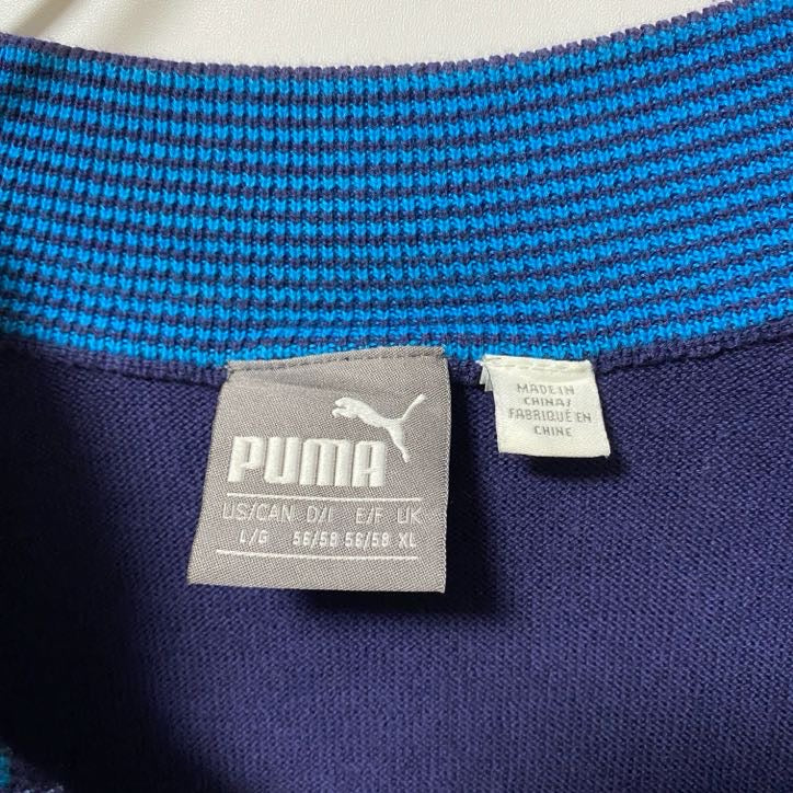 古着 used　puma プーマ　長袖ハーフジップニット　セーター　ワンポイントロゴ刺繍　ボーダー　ハイネック　Lサイズ