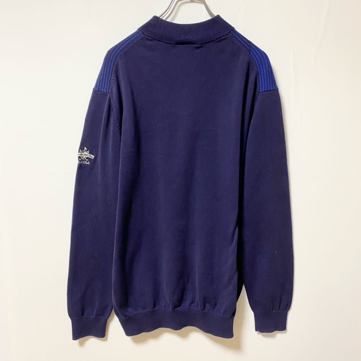 古着 used　puma プーマ　長袖ハーフジップニット　セーター　ワンポイントロゴ刺繍　ボーダー　ハイネック　Lサイズ