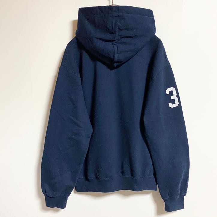 古着 used　SBA BASEBALL　長袖プリントパーカー　フード付きスウェット　バックプリント　ネイビー　Mサイズ