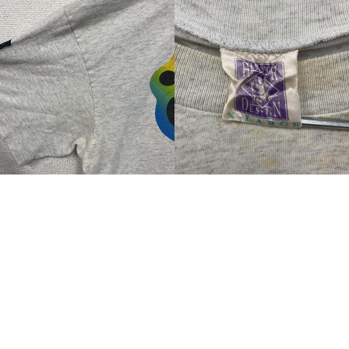 90s　HUMEUR DESIGN　半袖プリントTシャツ　スラッシュパピー　シングルステッチ　クルーネック　霜降りグレー　XLサイズ