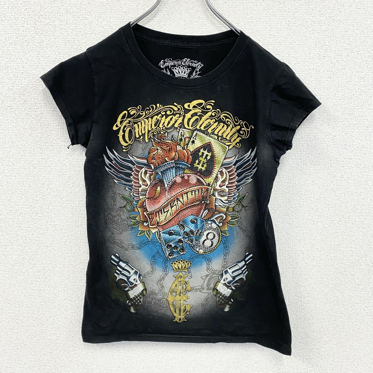 Emperor Eternity　半袖プリントTシャツ　ラメT　ギャルT　ラインストーン　y2k　黒　ブラック