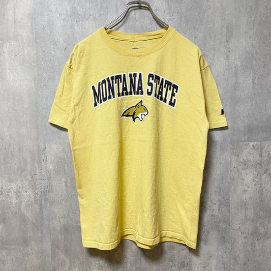 古着 used　RUSSELL　ラッセル　半袖クルーネックプリントカレッジＴシャツ　モンタナ州　大学　黄色　イエロー　Ｍサイズ