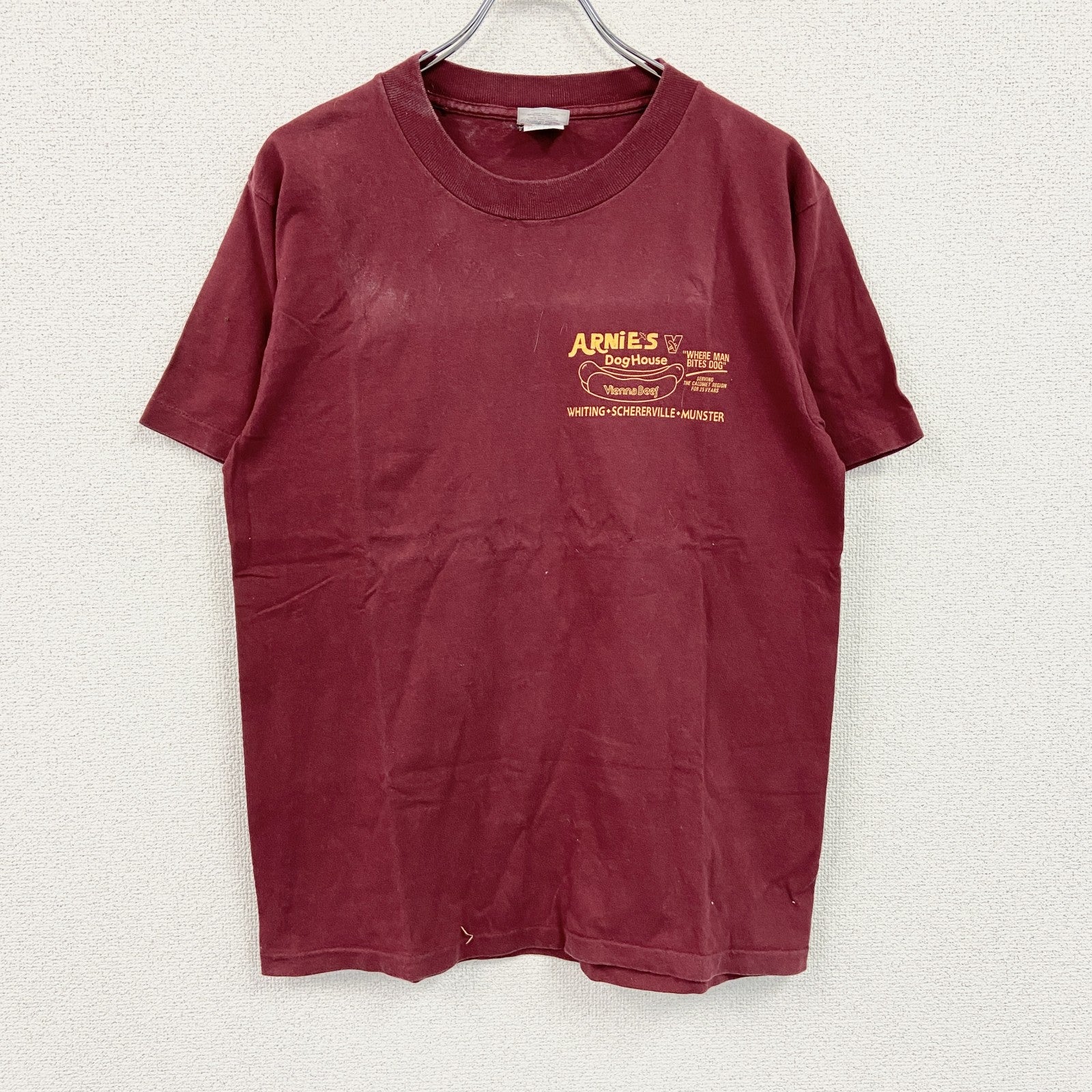 90s　United Sports　半袖プリント企業Tシャツ　ホットドック　シングルステッチ　ヴィンテージ　赤　ボルドー　Mサイズ