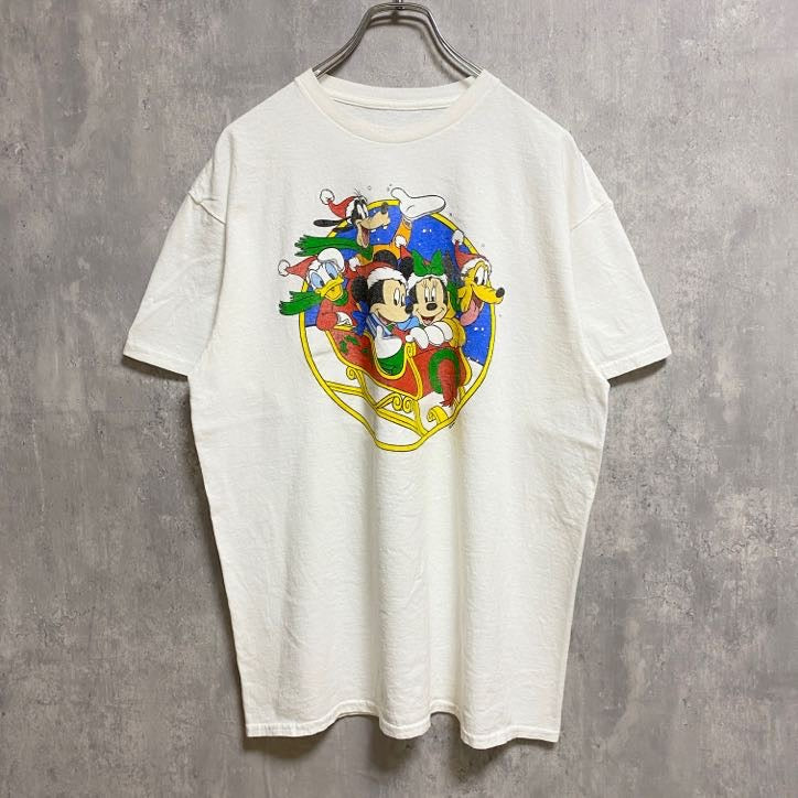 古着 used　Disney　ディズニー　半袖プリントＴシャツ　白　ホワイト　Mickey　ミッキー　ミニー　クリスマス
