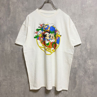 古着 used　Disney　ディズニー　半袖プリントＴシャツ　白　ホワイト　Mickey　ミッキー　ミニー　クリスマス