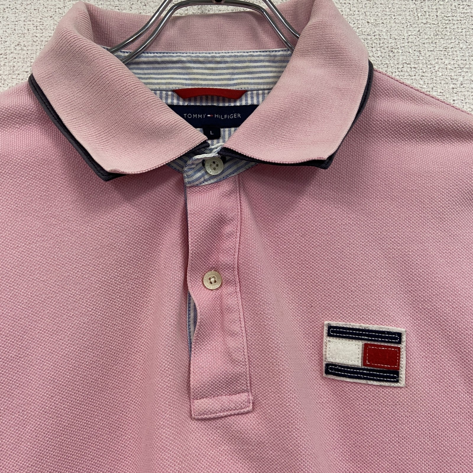 TOMMY HILFIGER　トミーヒルフィガー　半袖ポロシャツ　ワッペン　デカロゴ　ワンポイント　ピンク　Lサイズ