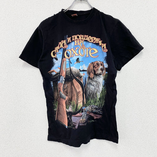 BANZAY　半袖プリントアニマルTシャツ　アーチプリント　3連プリント　犬　黒　ブラック　48サイズ