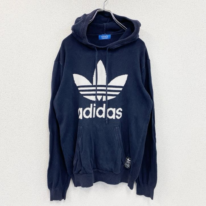 adidas　アディダス　コットンニットパーカー/フーディー　デカロゴ　紺　ネイビー　Mサイズ