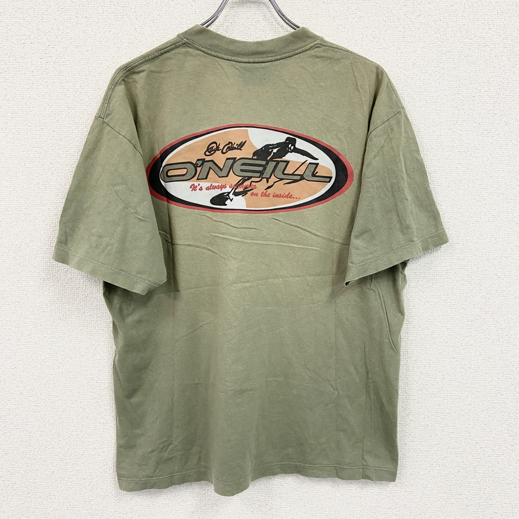 90s～　O'NEILL　オニール　半袖プリントTシャツ　フェード　両面プリント　クルーネック　ヴィンテージ　カーキ　Lサイズ