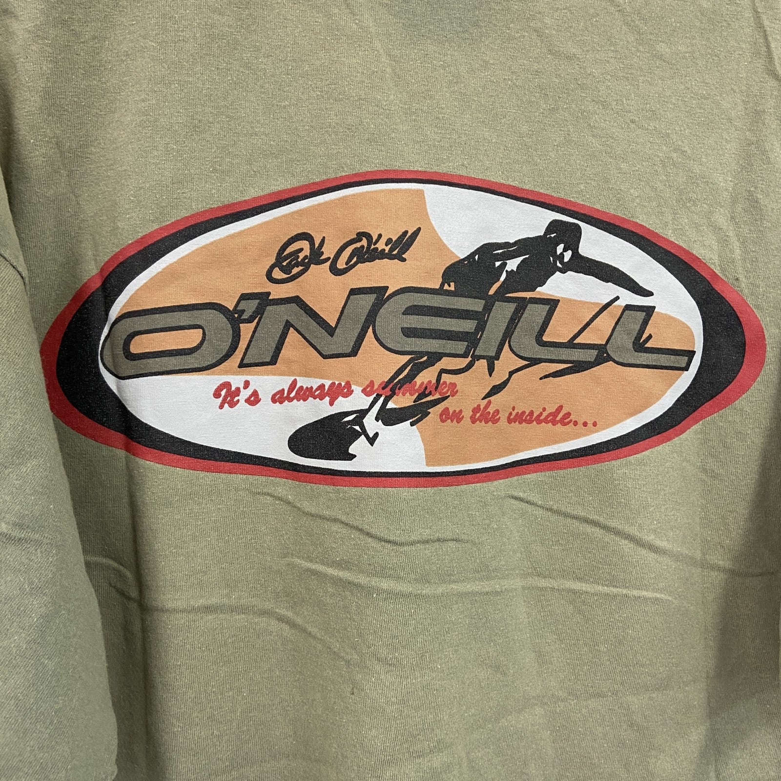 90s～　O'NEILL　オニール　半袖プリントTシャツ　フェード　両面プリント　クルーネック　ヴィンテージ　カーキ　Lサイズ