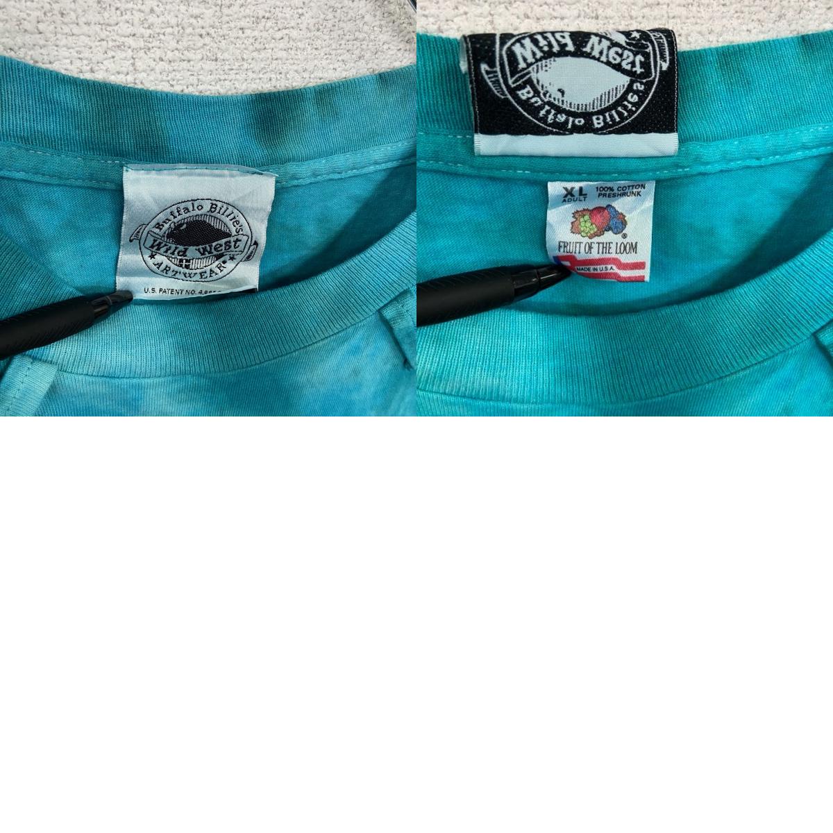 90s　wild west　半袖プリントTシャツ　ヴィンテージ　タイダイ　水色　エメラルドブルー　XLサイズ
