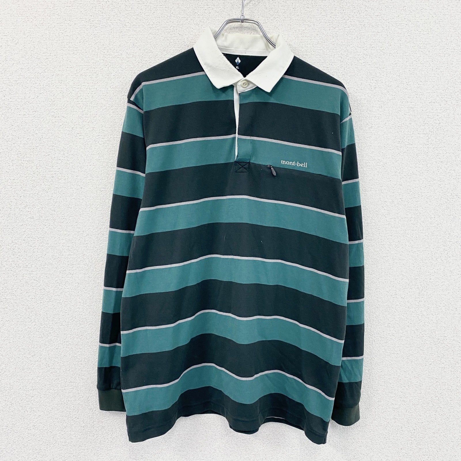 mont-bell　モンベル　長袖ラガーシャツ　ボーダー柄　緑　グリーン　XLサイズ