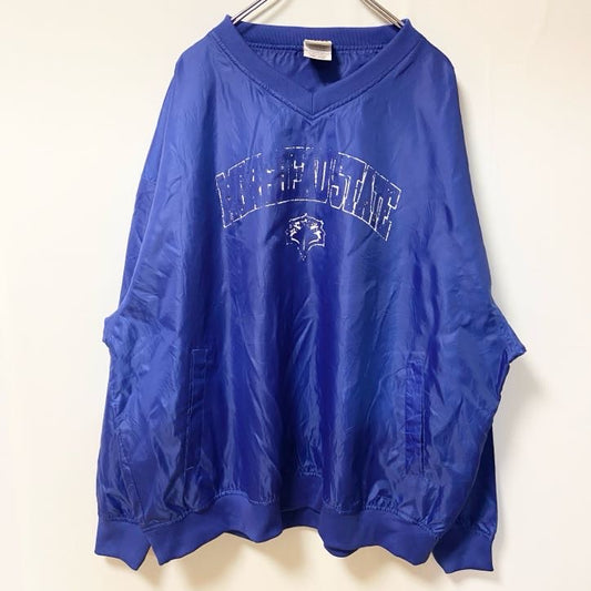古着 used　REDOAK　長袖ナイロンプルオーバー　カレッジロゴ　青　ブルー　Vネック　ビックシルエット　XXLサイズ