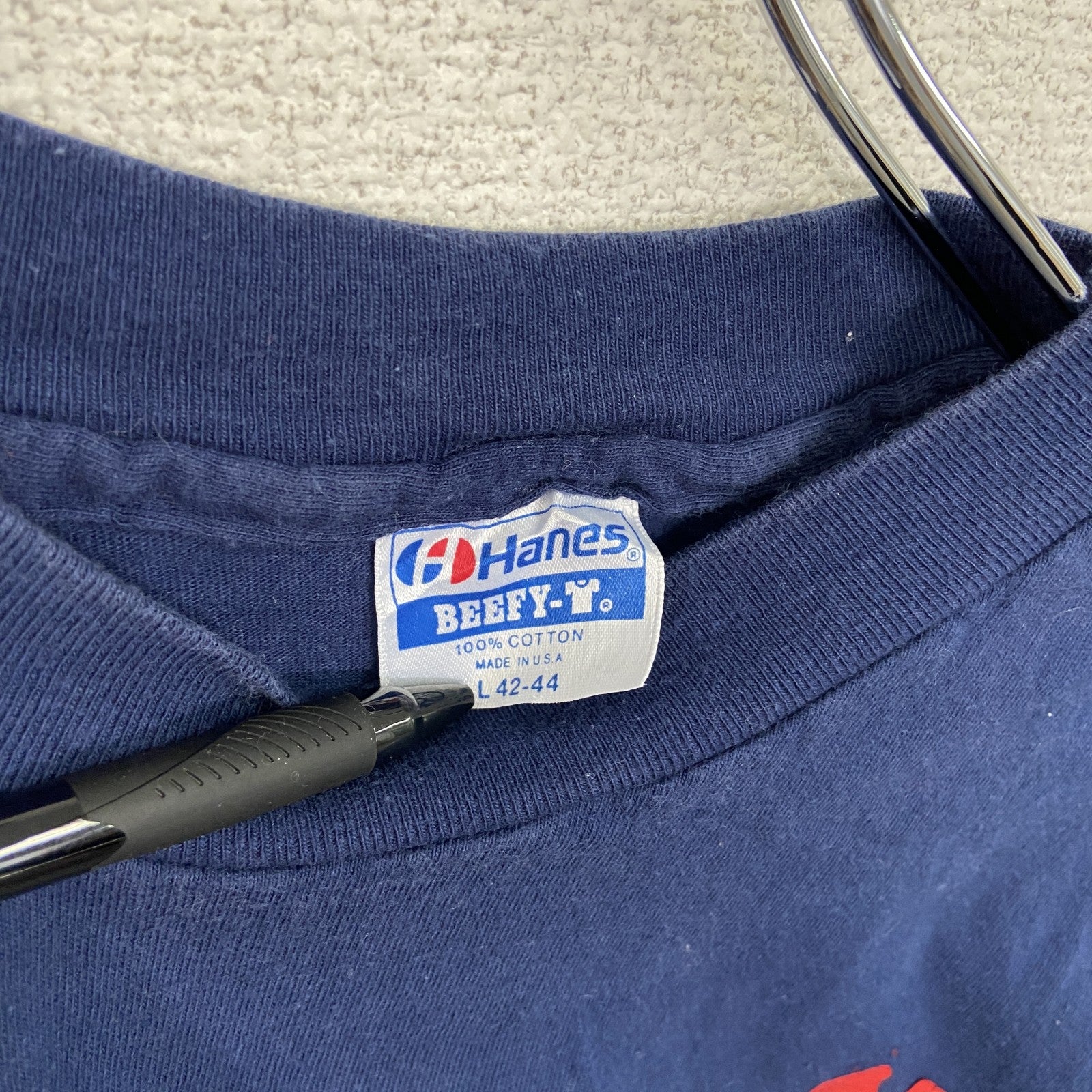90s　Hanes　ヘインズ　半袖両面プリントTシャツ　ヴィンテージ　シングルステッチ　紺　ネイビー　Lサイズ