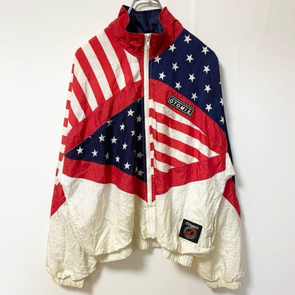 古着 used　OTOMIX　長袖ナイロンジャケット　ジップアップアウター　USA　星条旗　ハイネック　赤　青　白　Sサイズ
