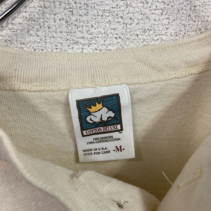 90s　cotton deluxe　半袖プリントTシャツ　シングルステッチ　クマ　アイボリー　バイカラー　Mサイズ