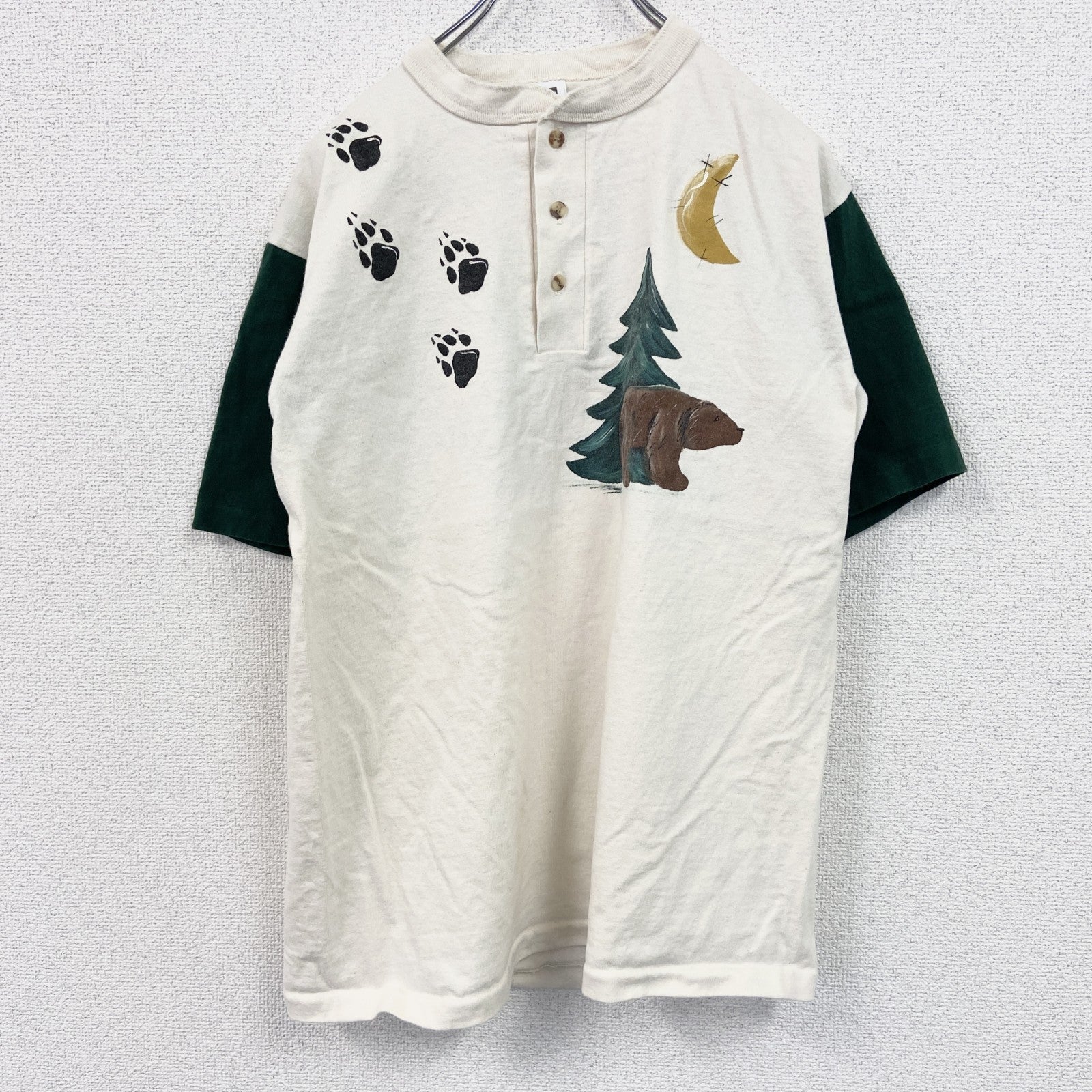 90s　cotton deluxe　半袖プリントTシャツ　シングルステッチ　クマ　アイボリー　バイカラー　Mサイズ