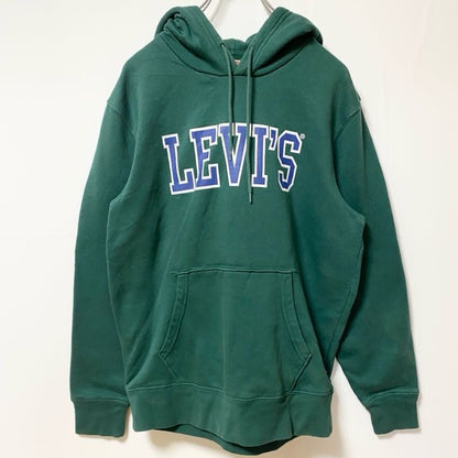 古着 used LEVI'Sリーバイス 長袖ロゴプリントプルオーバーパーカー フーディー レトロデザイン グリーン Sサイズ